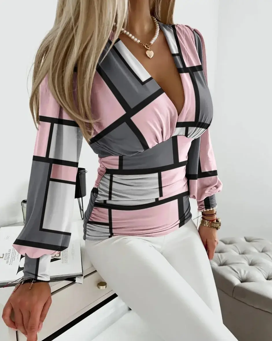 Miniature : V profond géométrique haut imprimé femmes Sexy ajustement serré plissé T-Shirt