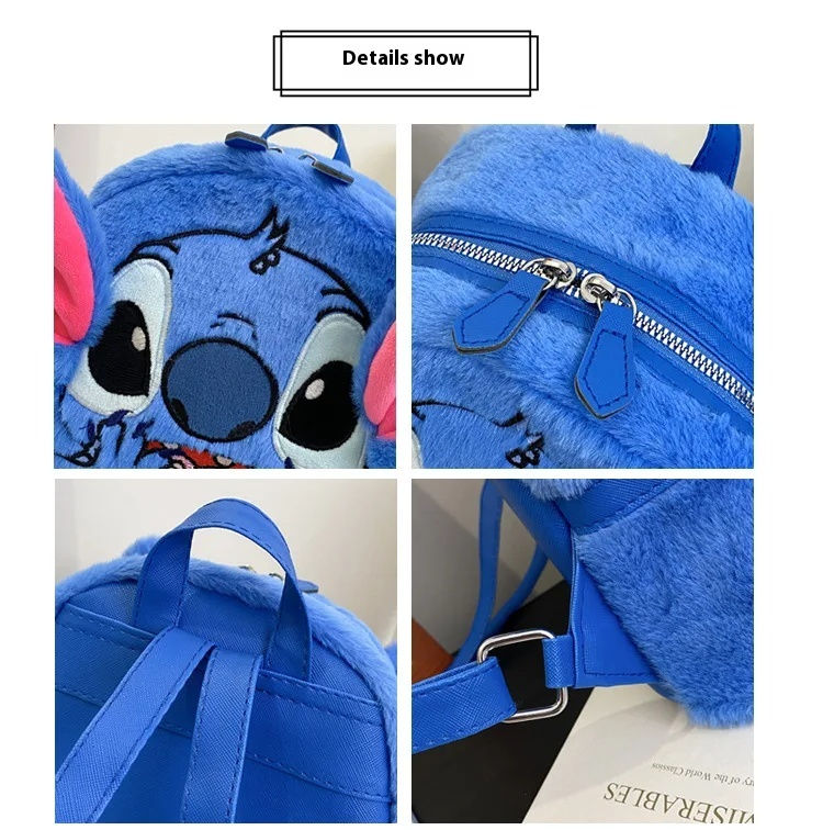 Miniature : Sac à dos en peluche Disney, motif Stitch bleu, grande capacité, idéal pour l