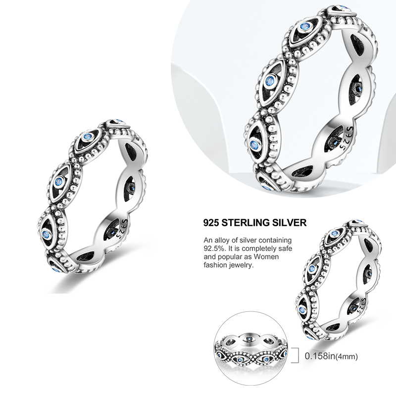 Miniature : 925 Sterling Silver Evil Eyes Rings Stackable Sun Moon Rings For Women Wedding J