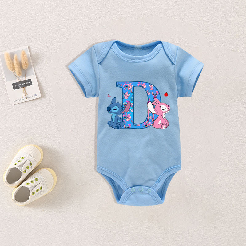 Miniature : Disney Stitch Baby Bodysuit Clothes Cartoon Letter A-Z Printing Cotton Jumpsuit 