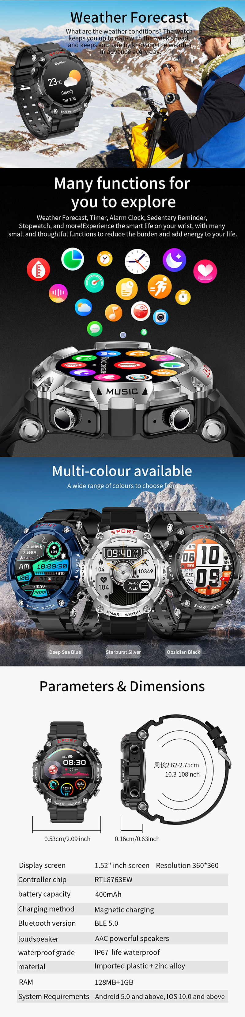 Miniature : Montre connectée T96 , moniteur de pression artérielle, sport, NFC, IP67 ETANCHE