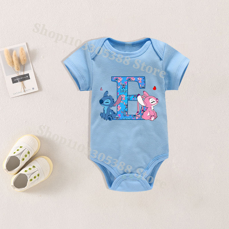Miniature : Disney Stitch Baby Bodysuit Clothes Cartoon Letter A-Z Printing Cotton Jumpsuit 