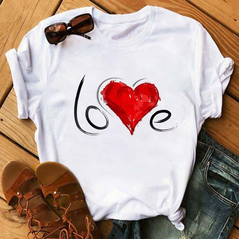 Miniature : Romantique rouge amour montgolfière T-shirt femme mode décontracté ample court S