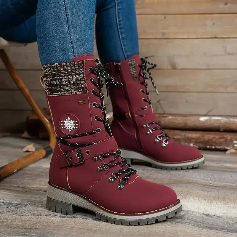Miniature : Bottes mi-tube tricotées à lacets sur le côté pour femme, bottes d'hiver à talon