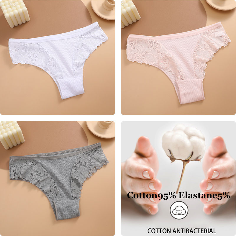 Miniature : 3 pièces coton culottes brésiliennes dentelle pour les femmes Sexy taille basse