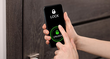 Woman unlocking door using mobile phone, closeup. Illustration of closed and open padlocks