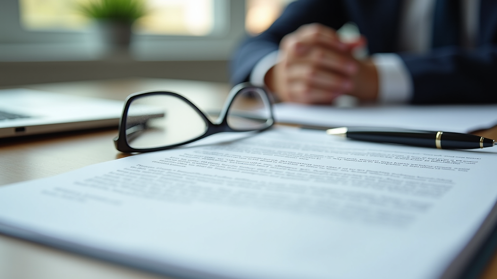 Eye-level view of a legal document with a pen and glasses on a desk