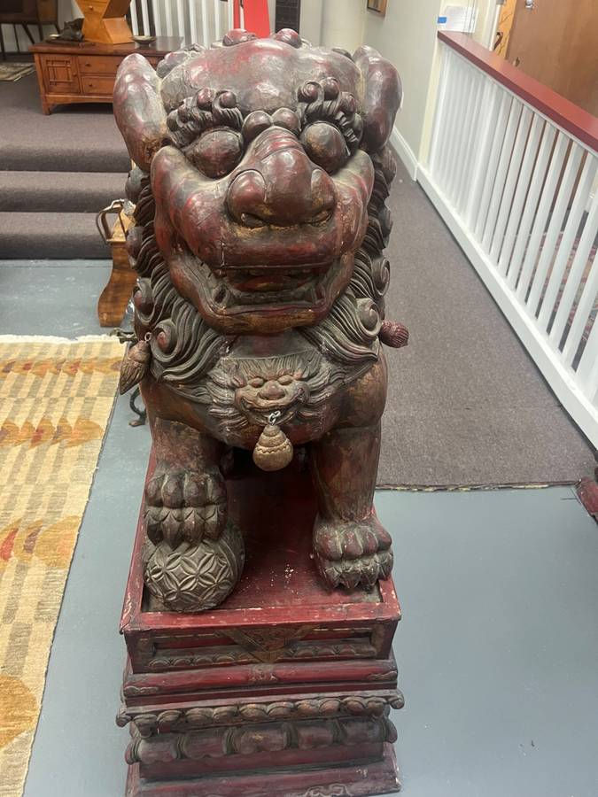 Thumbnail: Pair Of Large Antique Wood Foo Dogs With Matching Stands