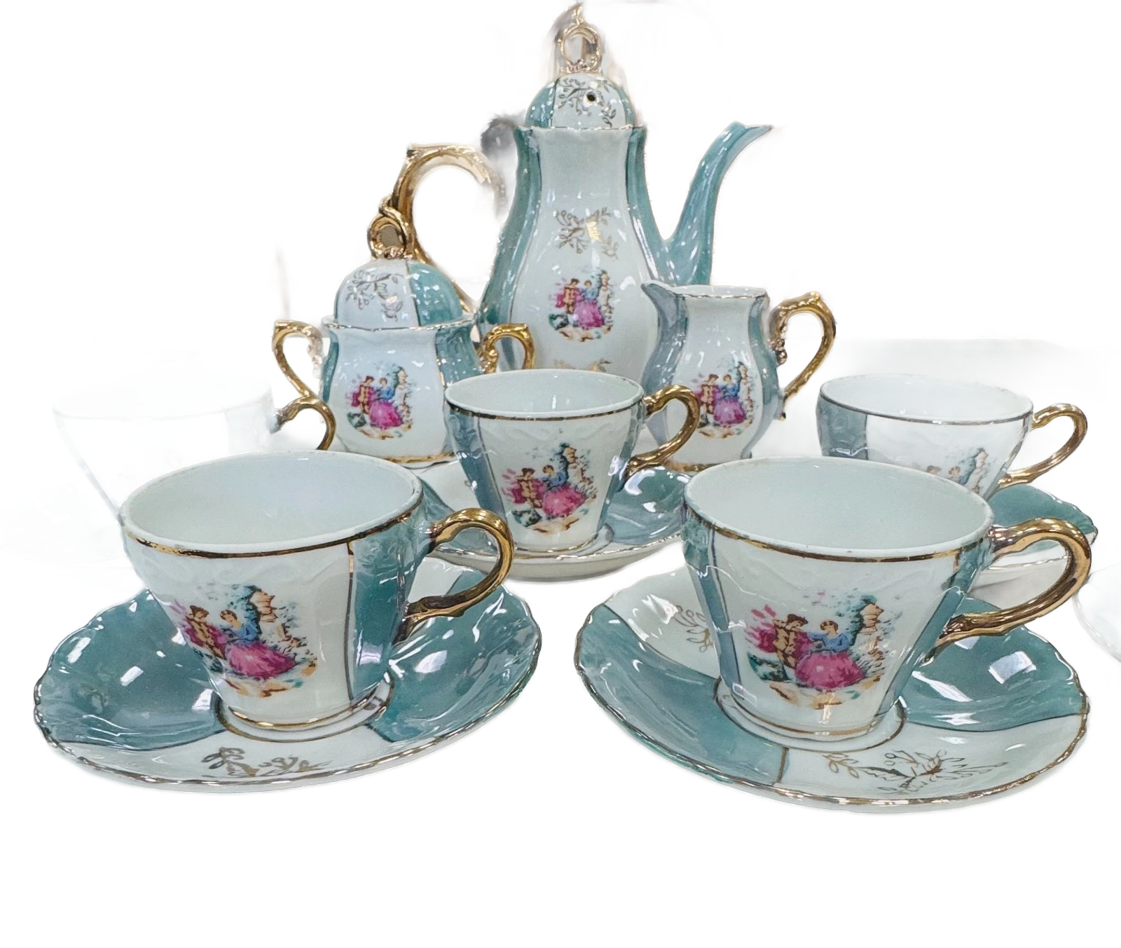 Vintage 17-piece "Courting Couple" Lusterware Cameo Japan Demitasse Tea Set