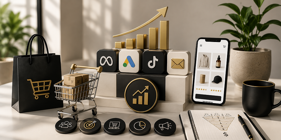 Shopping icons, gold graphs, mini cart, and phone with shopping app on a desk. Black and gold theme. Plants in the background.