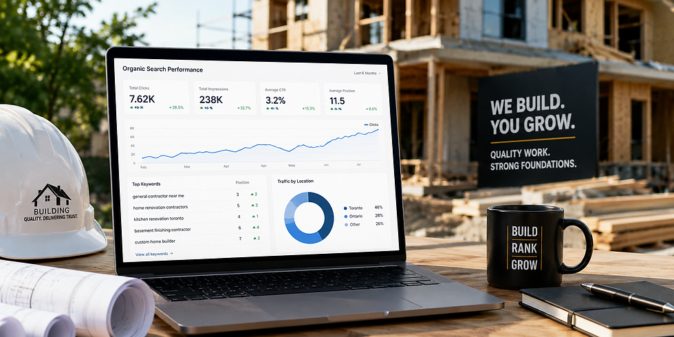Laptop displaying search performance data on a table with a construction site, hard hat, mug, and sign reading "WE BUILD. YOU GROW." in the background.