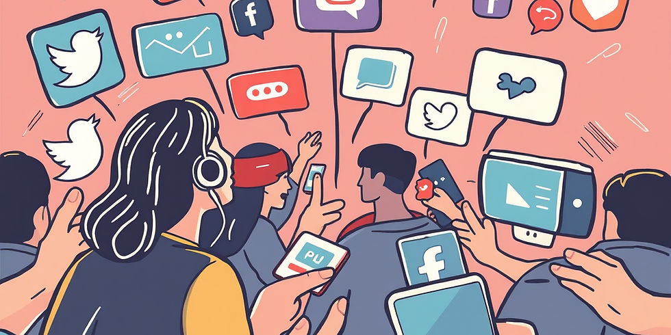 People use smartphones, surrounded by social media icons and notifications. The background is pink, creating a busy, connected atmosphere.