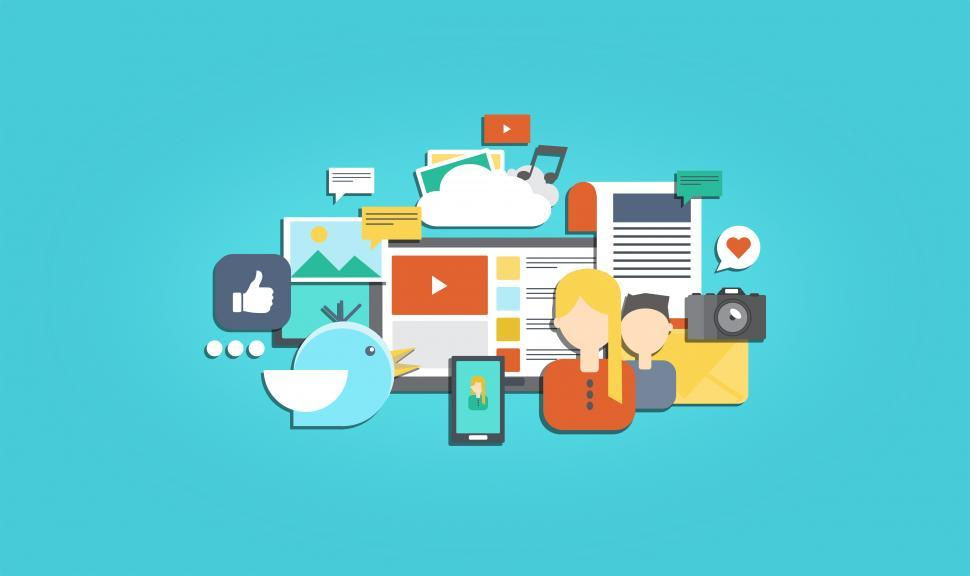 Icons of social media, communication, and multimedia elements on a blue background. Includes thumbs up, bird, chat bubbles, camera.