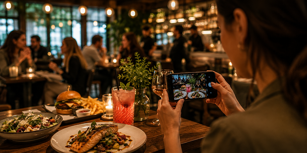 Woman photographing meal in a cozy, dimly lit restaurant. Plates of food and drinks on table; candlelit ambiance with people in background.