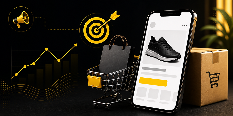 Smartphone with shoe on screen, shopping cart, and package. Black and yellow theme with growth chart, target, and megaphone icons.