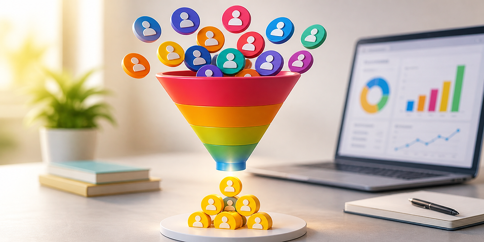 Multicolored funnel filtering icons into a base, with charts on a laptop screen in the background. Plant and books on desk.