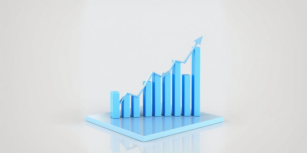 Blue 3D bar graph with arrow pointing upward, showing growth. Light gray background, reflective surface, and minimalist style.