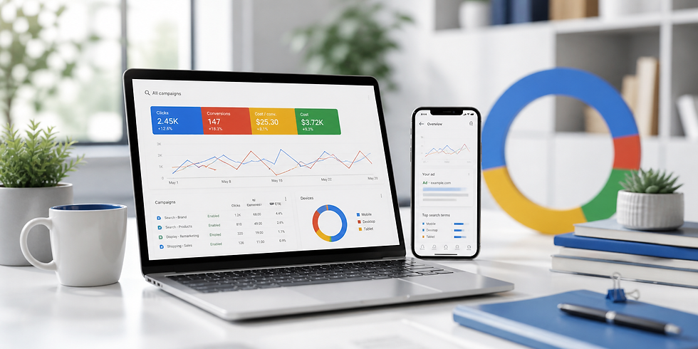 Laptop and smartphone displaying colorful data charts and metrics on a desk with a mug, plant, and Google logo. Modern office setting.