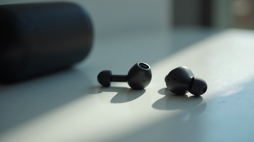 High angle view of wireless earbuds resting on a surface