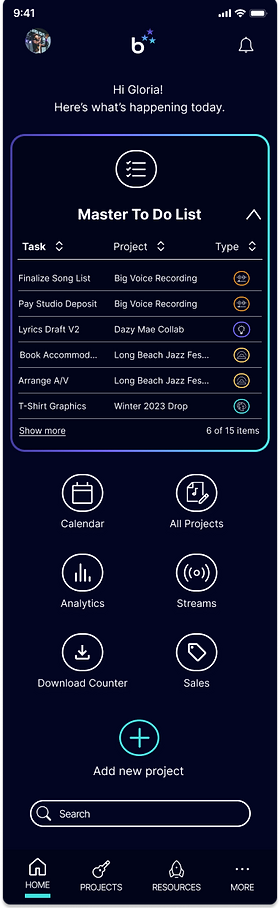 bandrise home dashboard with events
