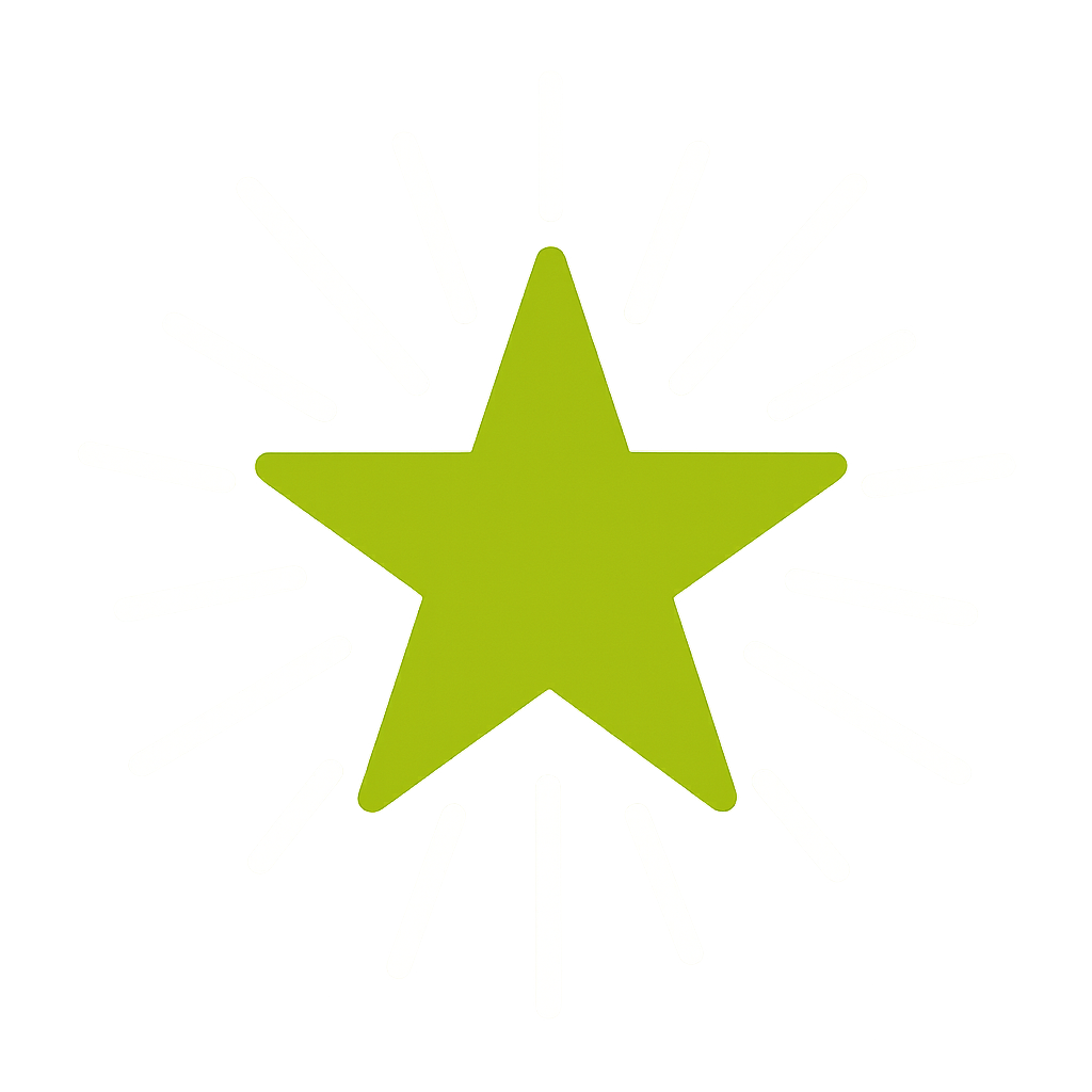 illustrated icon of radiant star in bright lime green with white radiance beams