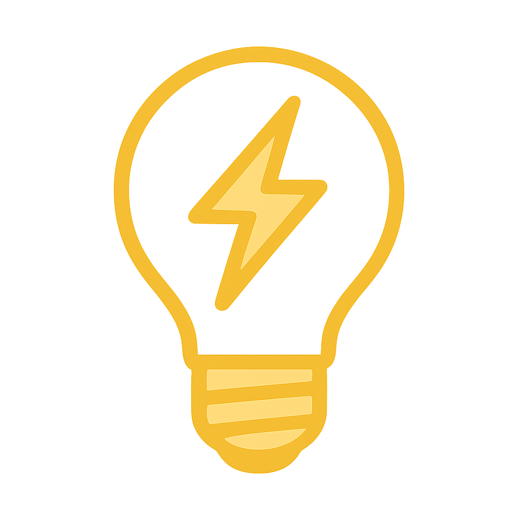 illustrated icon of light bulb with lightning bolt going through it. in yellow