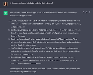 ChatGPT: is there a mobile app that helps bands build listeners?