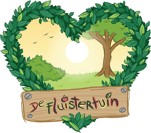 Logo van De Fluistertuin bestaat uit een groene hartvormige krans en de naam De Fluistertuin.