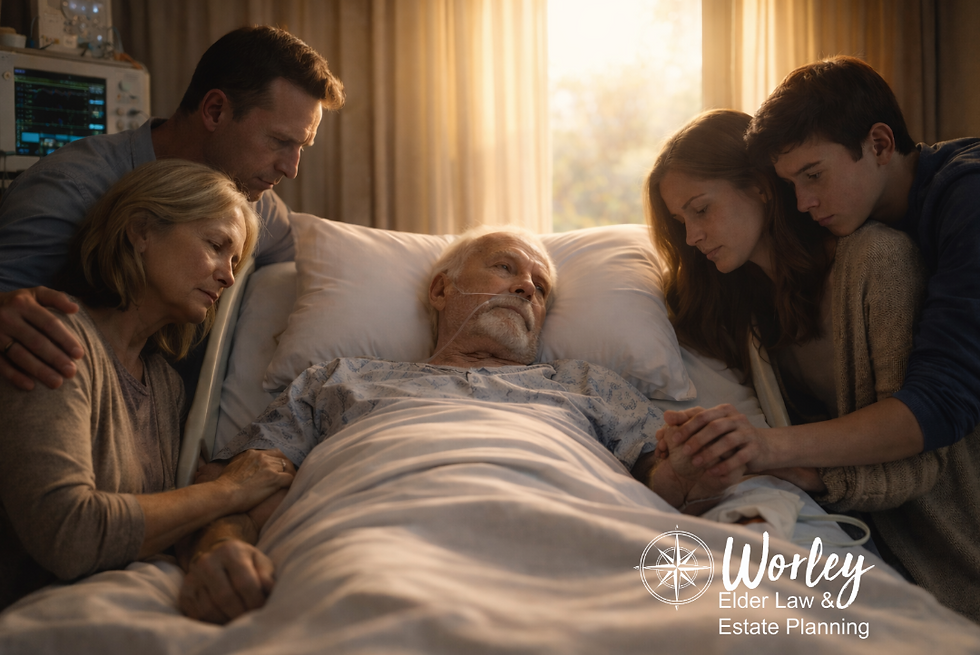 Family surrounds an elderly man in a hospital bed, holding hands. Warm light filters through curtains. Text: "Worley Elder Law & Estate Planning."