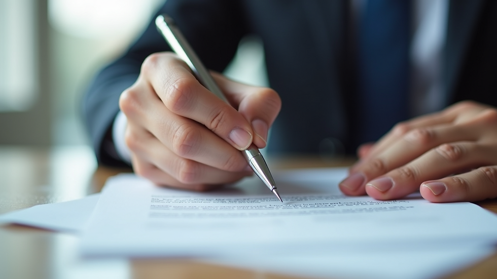 Close-up view of a person signing a legal document with a pen