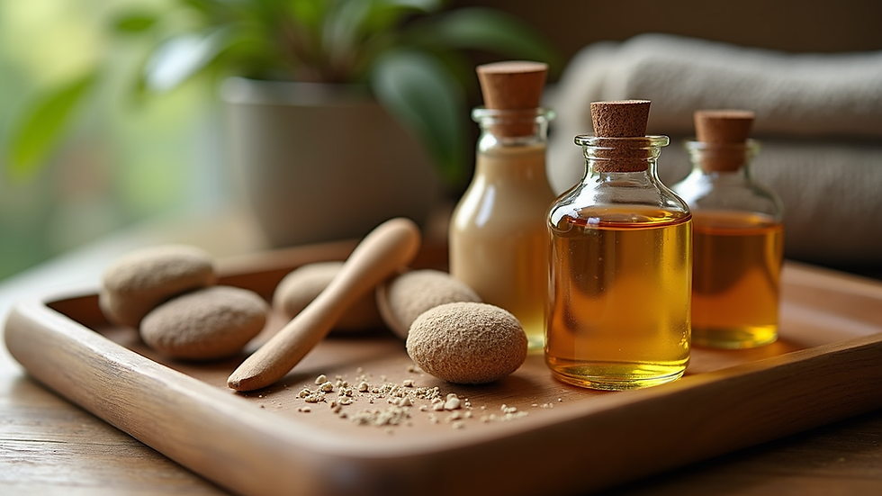 Close-up view of aromatic oils and massage tools arranged neatly on a wooden tray