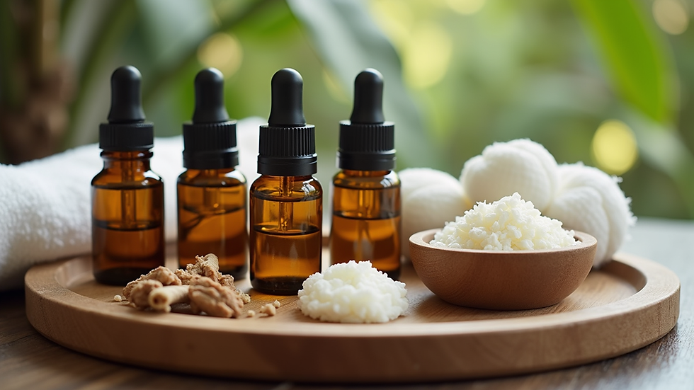 Close-up view of aromatic oils and spa essentials arranged on a wooden tray