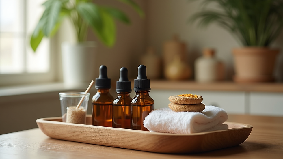 Close-up view of aromatic oils and spa essentials arranged neatly on a wooden tray