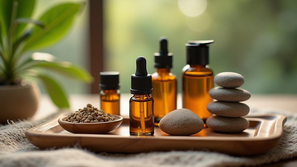 Close-up view of aromatic oils and spa essentials arranged on a wooden tray