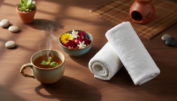 Top-down view of herbal tea beside folded towels in a quiet spa corner