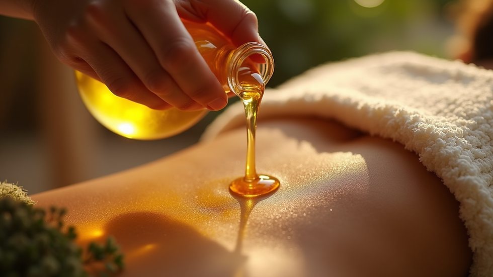 Close-up view of warm herbal oils being poured for massage