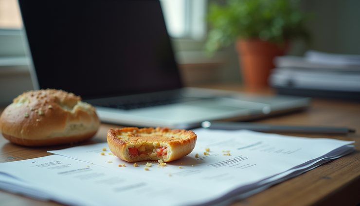 Eye-level view of a cluttered desk with a half-eaten meal and a laptop