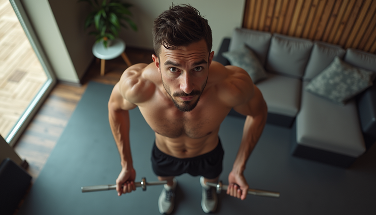High angle view of a man doing a full-body workout at home with minimal equipment