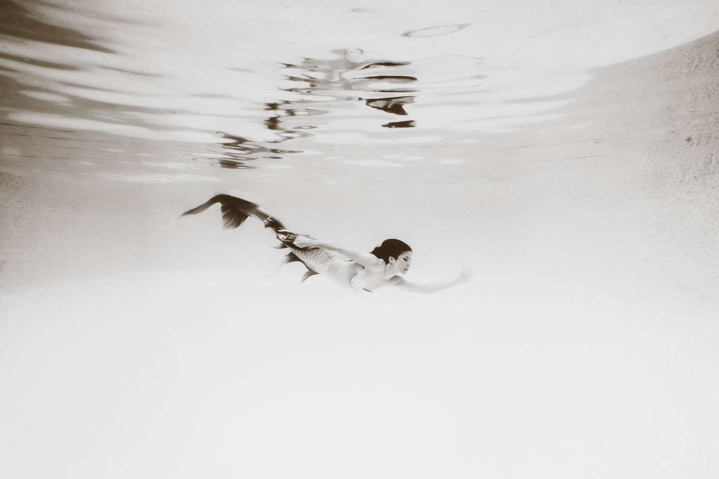 A black and white image of a mermaid swimming through a pool. Fine art underwater portraits, Huntingdon Valley, PA, Lexi Bird Photography