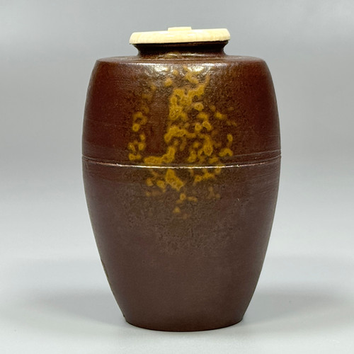 茶道具　備前焼　陶峰作　備前胡麻焼肩衝茶入　海松浪裂仕覆付　美品！！ 茶道具 備前焼 陶峰作 備前胡麻焼肩衝茶入 海松浪裂仕覆