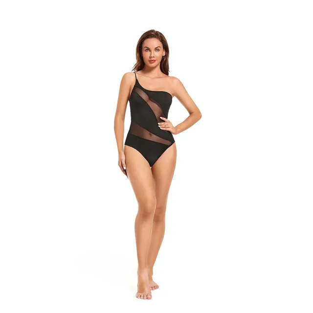 woman wearing a Tan Through One Shoulder Swimsuit - Stripe Lace