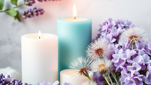 mental health counseling self-care candles and guided journals. flowers include lavender,