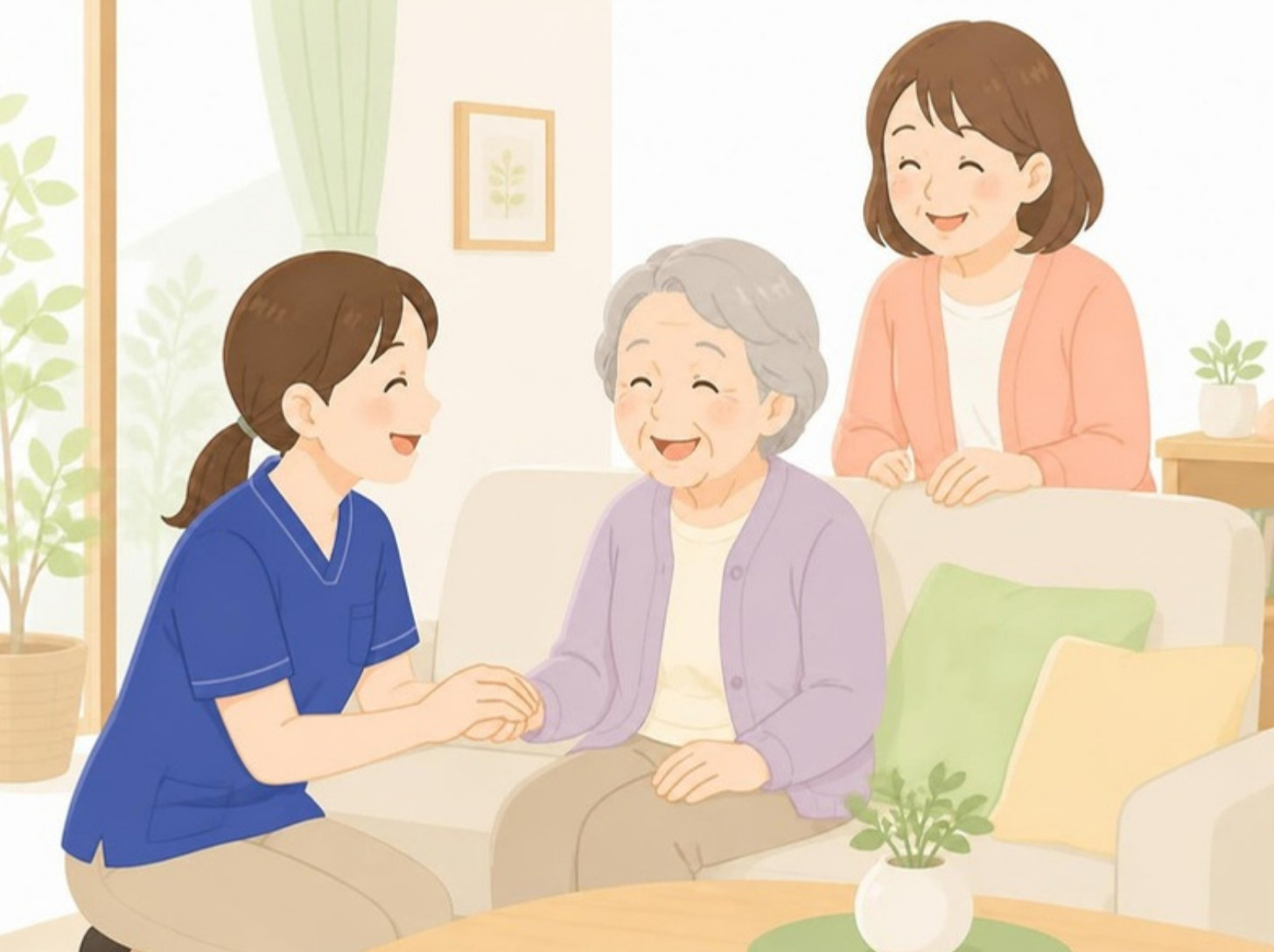 ロイヤルブルーの白衣のスタッフと、ご自宅で笑顔のご本人・ご家族のイラスト