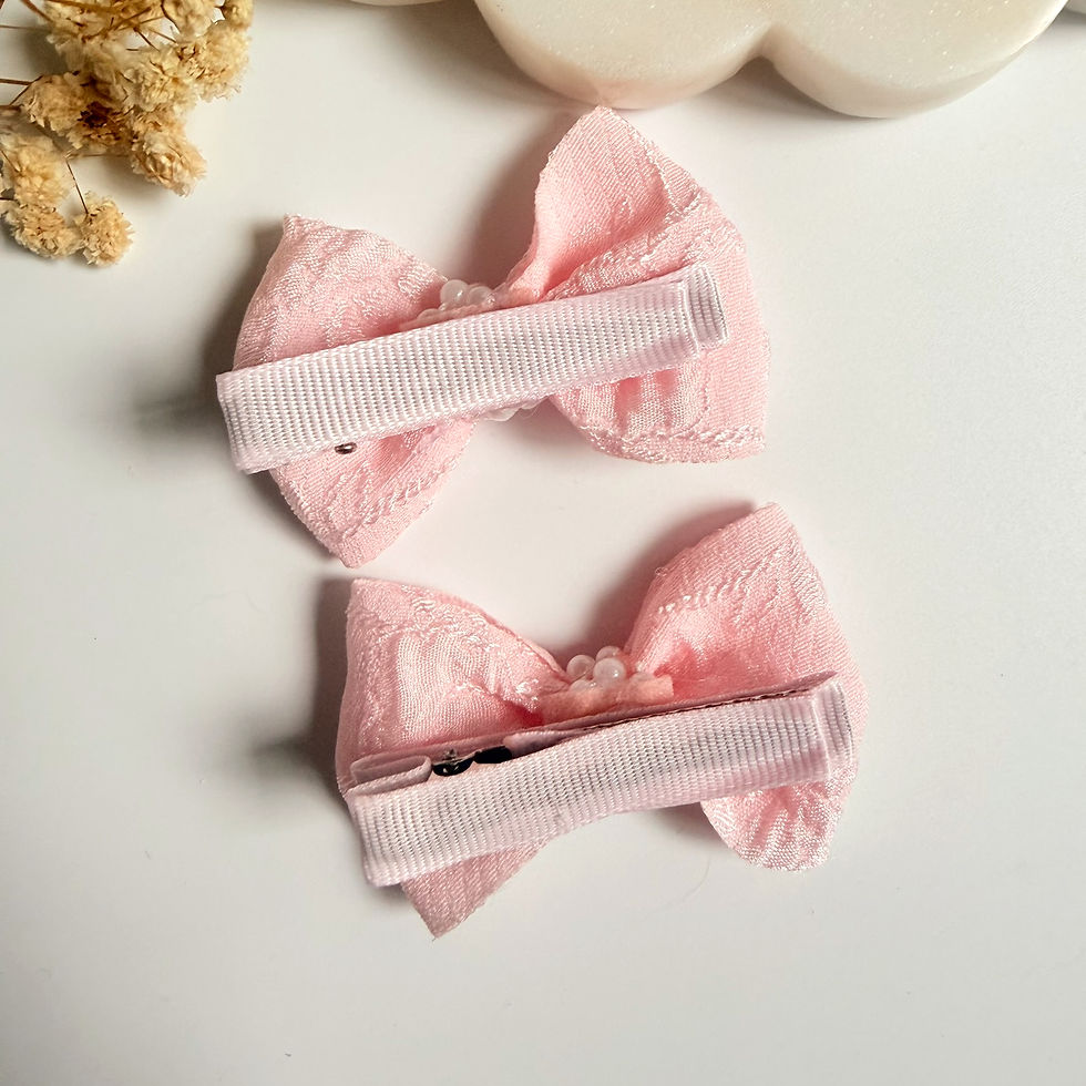 Thumbnail: Blush Pearl Petal Clips — pearl petal clips, detail view 3. Mira Accessories, handmade in South Africa