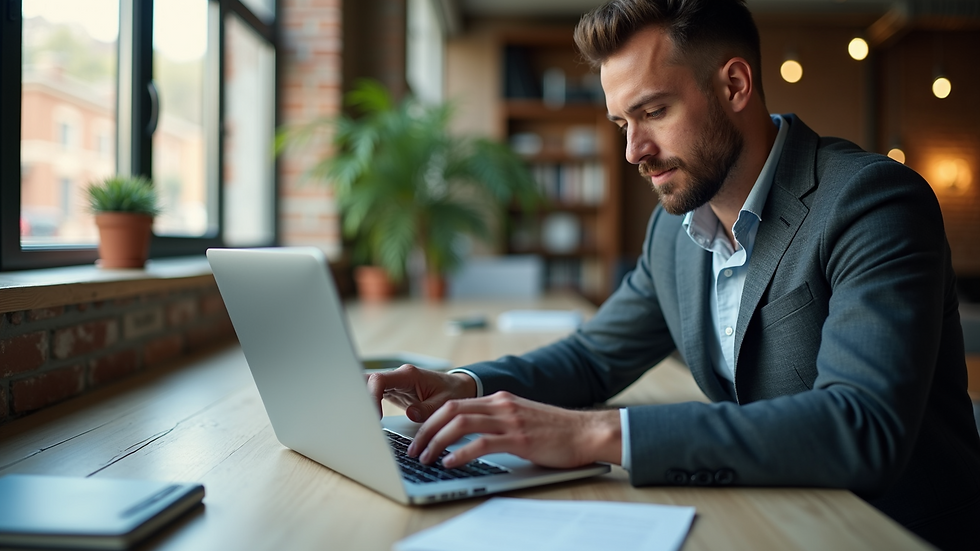 High angle view of a small business owner working on a laptop