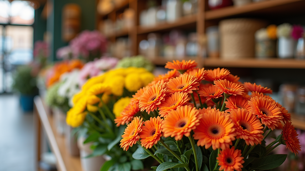 Close-up view of a vibrant flower arrangement in a local shop