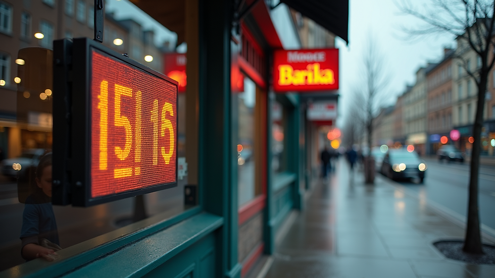 Eye-level view of a small business storefront with a digital sign