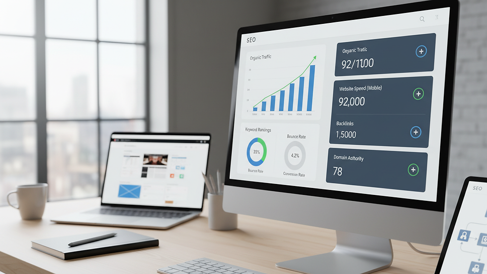 Close-up view of a computer screen showing SEO analytics and website performance metrics