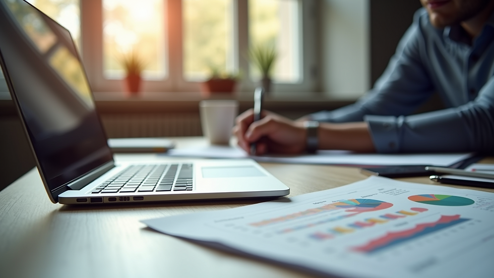Eye-level view of a modern office workspace with a laptop and design sketches