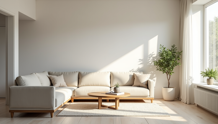 Eye-level view of a well-staged living room with neutral decor and natural light